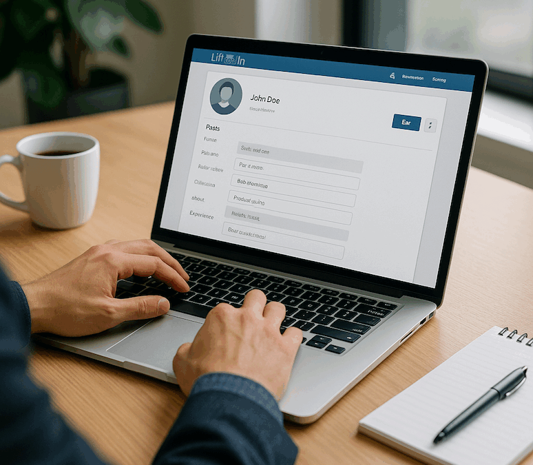 Person arbetar vid dator och uppdaterar sin LinkedIn-profil med professionellt fokus