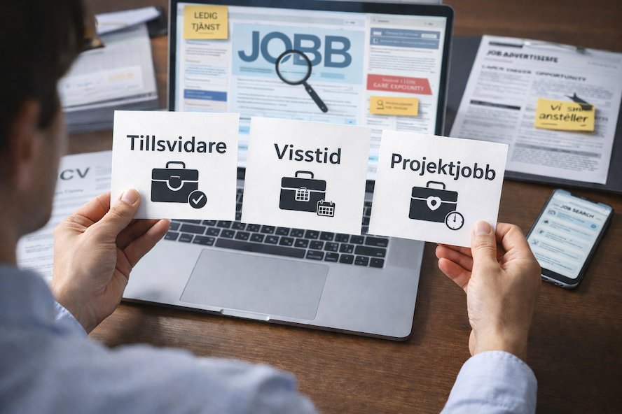 Olika anställningsformer och jobbsökning på arbetsmarknaden – person jämför tillsvidareanställning, visstidsanställning och projektanställning med CV, laptop och jobbannonser som symboliserar karriärval och rekrytering.